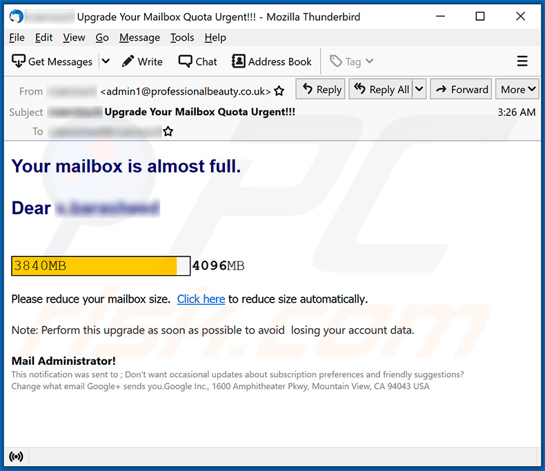 email da fraude Your Mailbox Is Almost Full (2021-09-23)