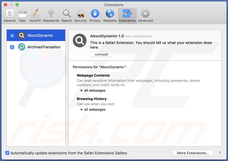 Adware AboutDynamic instalado num navegador Safari