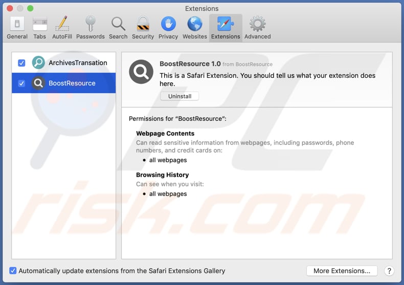 adware BoostResource instalado no Safari