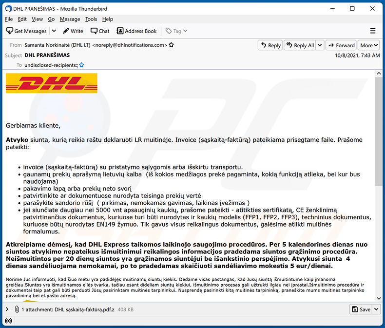 Variante lituana do email de spam com o tema DHL Express