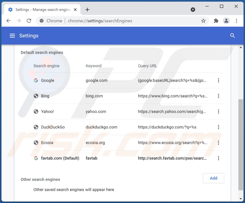 Remoção do favtab.com do motor de pesquisa padrão do Google Chrome