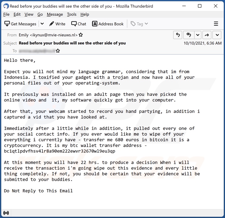 Im in possession of all of your private data scam email variante 3