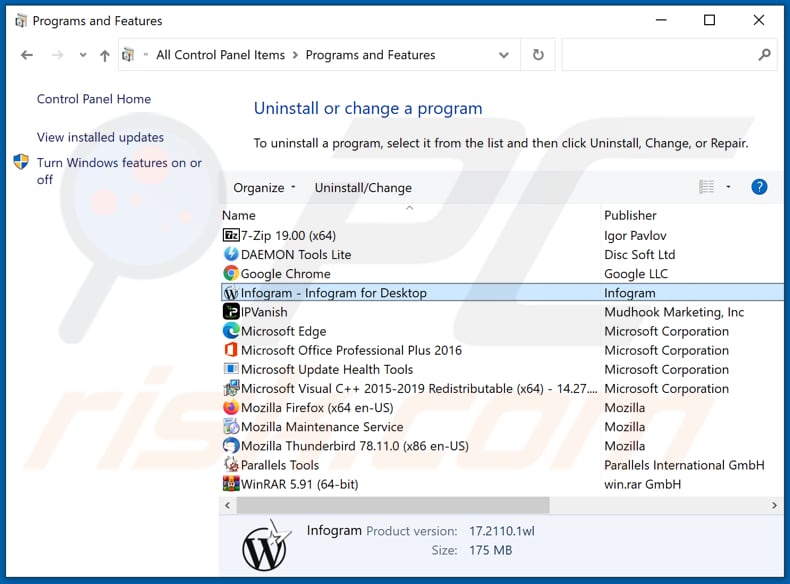 desinstalar o adware infogram via Painel de Controlo