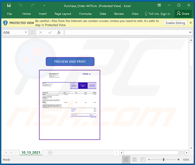 Documento malicioso do MS Excel distribuído através de email não solicitado (2021-10-14)