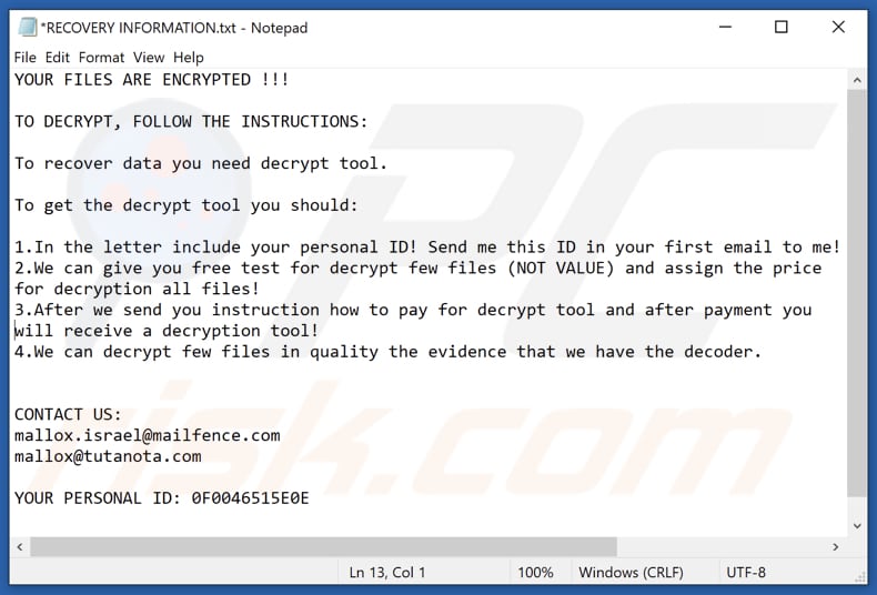 Instruções de desencriptação de Mallox (RECOVERY INFORMATION.txt)