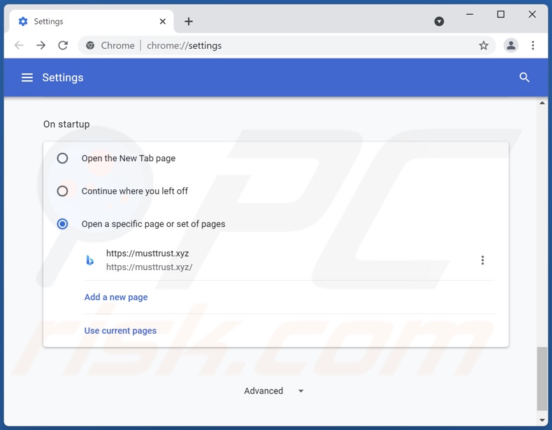 Removendo a página inicial musttrust[.]xyz do Google Chrome
