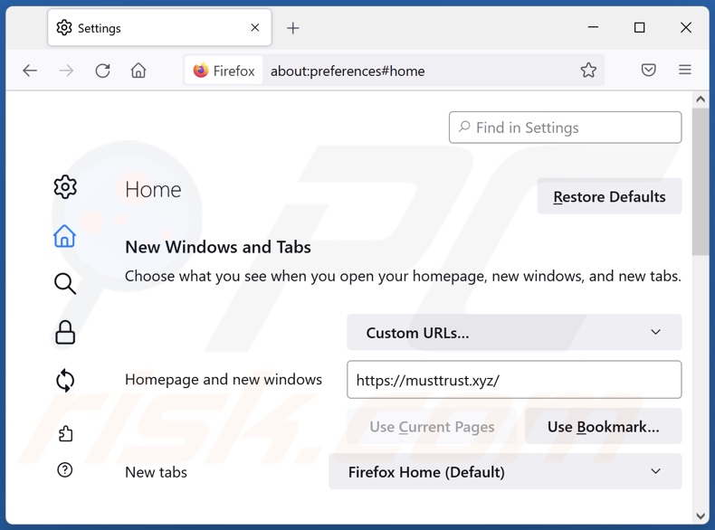 Remoção de musttrust[.]xyz da página inicial do Mozilla Firefox
