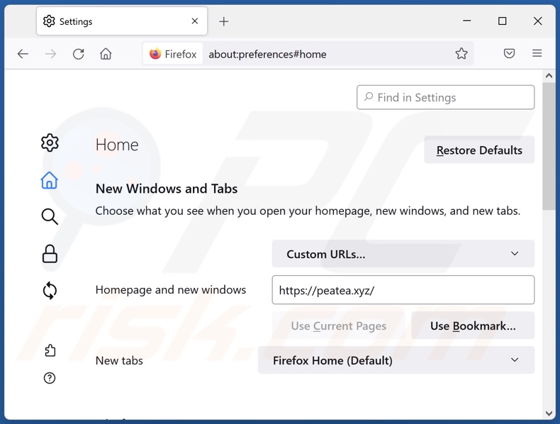 Remoção de peatea[.]xyz da página inicial do Mozilla Firefox