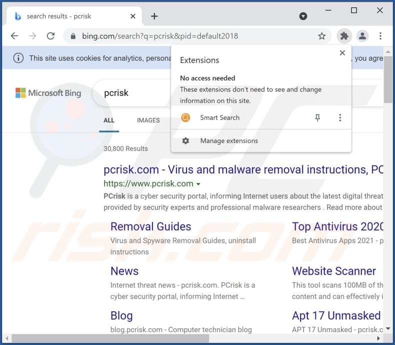 Extensão de Smart Search na barra de ferramentas do Chrome
