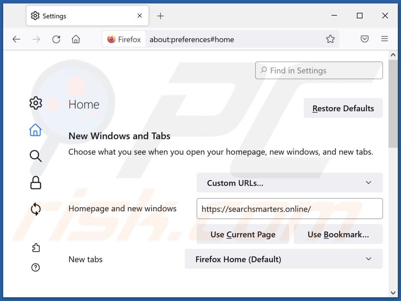 Remoção de searchsmarters.online da página inicial do Mozilla Firefox