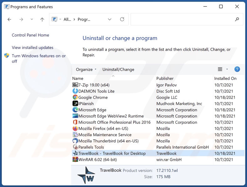 desinstalar o adware TravelBook via Painel de Controlo