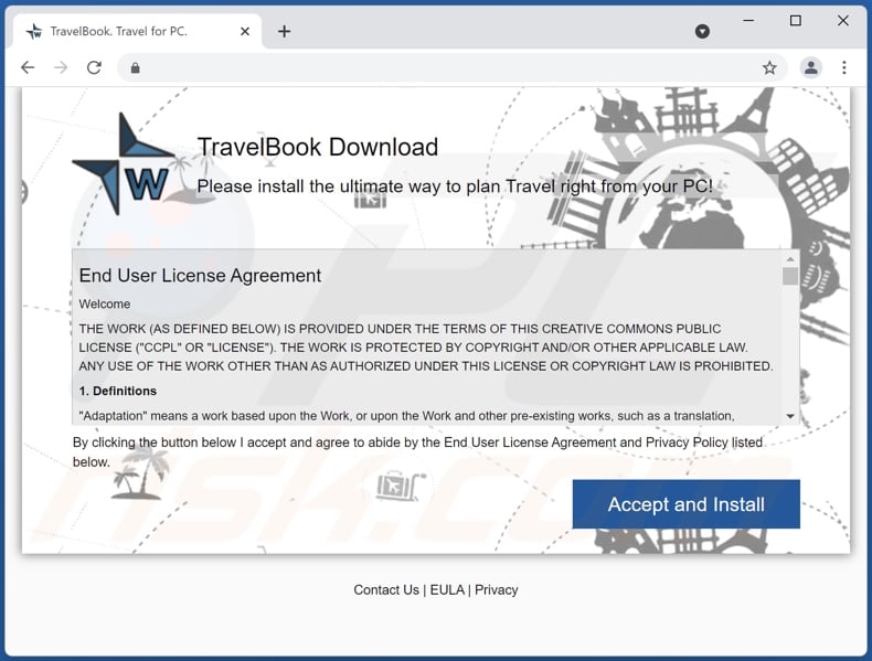 site usado para promover o adware TravelBook
