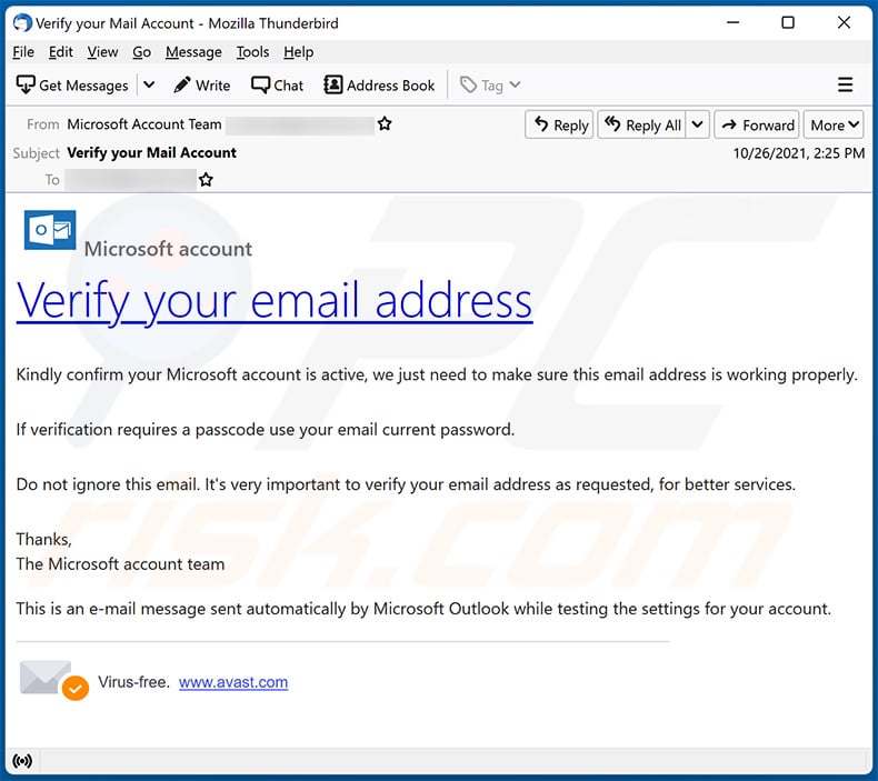 fraude por email Verify Microsoft account (2021-10-29)