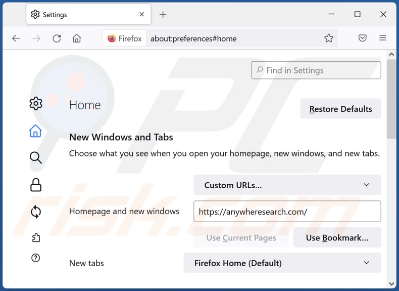 Remoção de anywheresearch.com da página inicial do Mozilla Firefox