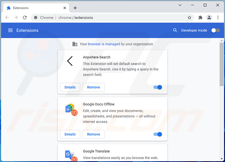 Remoção das extensões relacionadas a anywheresearch.com do Google Chrome