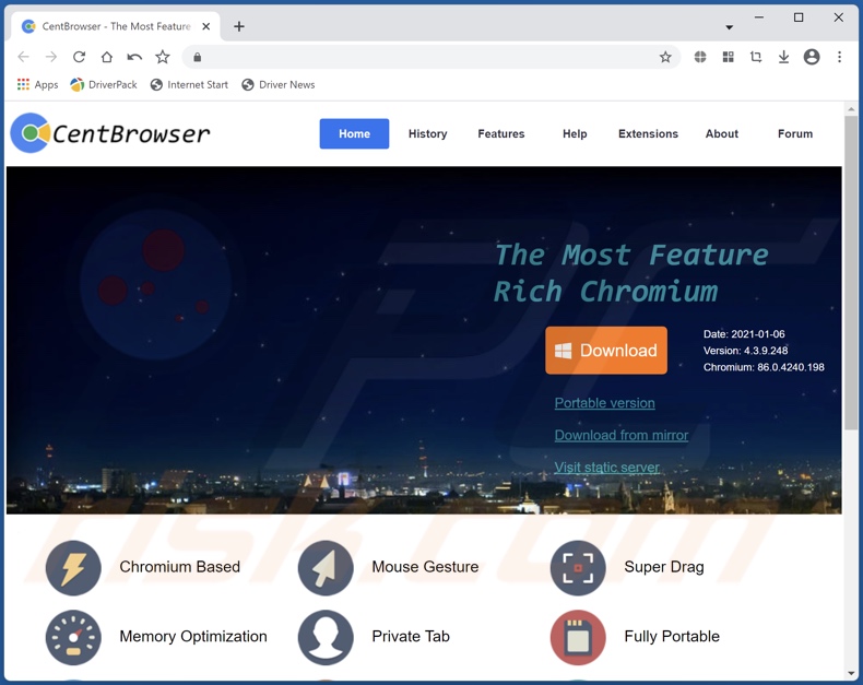 Site que promove o Cent Browser