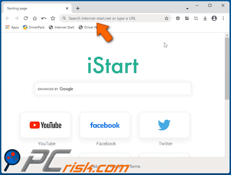 Redireccionamento do Cent Browser através de internet-start.net (GIF)