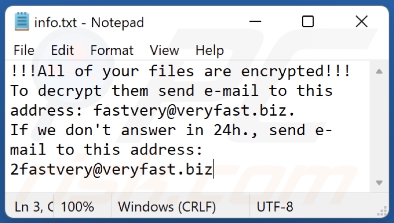 Ficheiro de texto do ransomware fastvery (info.txt)