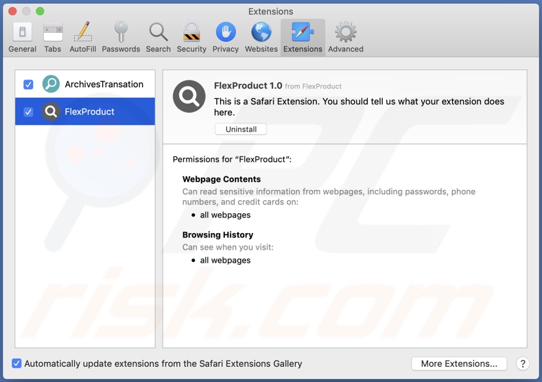 Adware FlexProduct instalado num navegador Safari