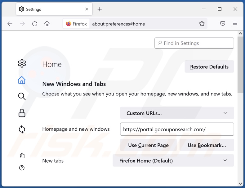 Remoção de gocouponsearch.com da página inicial do Mozilla Firefox
