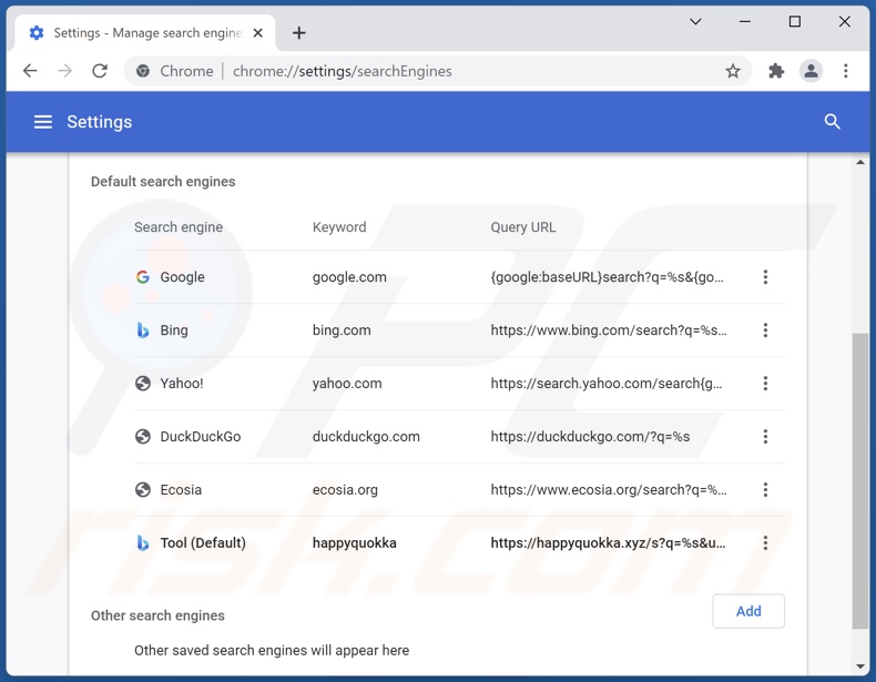 Remoção de happyquokka.xyz do motor de pesquisa padrão do Google Chrome