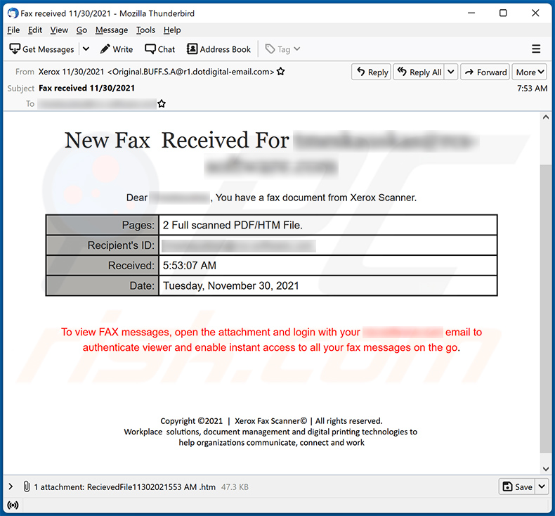 e-mail de spam com tema New Fax Received-(2021-11-30)