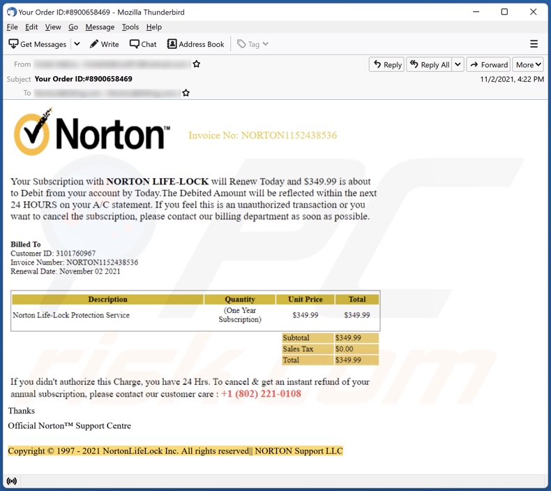 campanha spam de email Norton Subscription will renew today