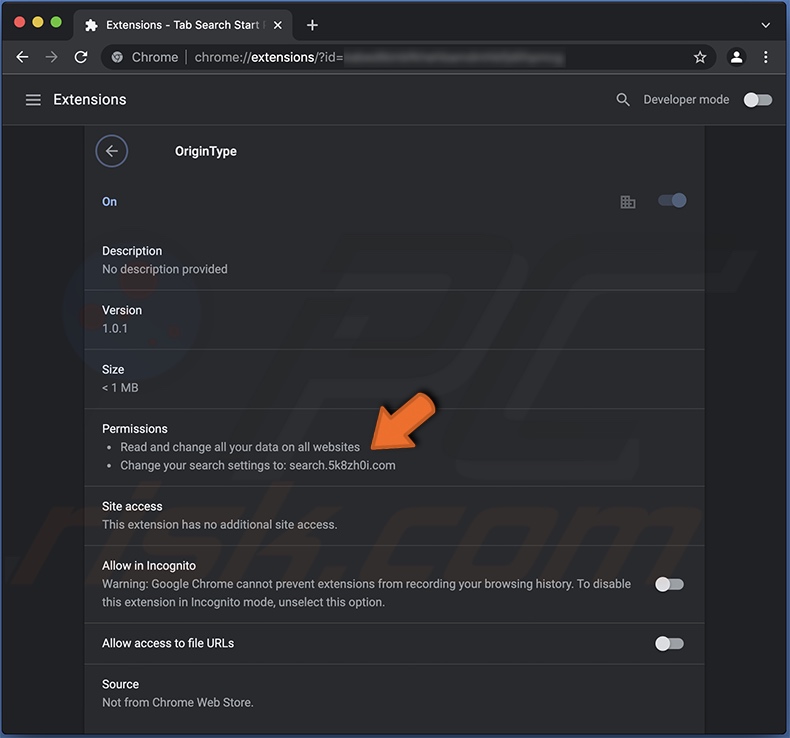 Permissões permitidas ao sequestrador de navegador OriginType no Google Chrome