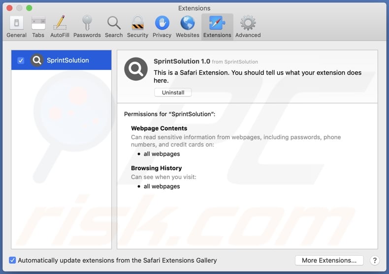 Adware SprintSolution instalado num navegador Safari