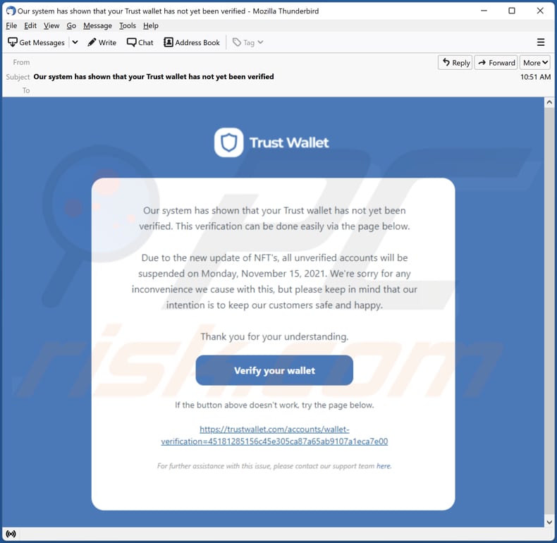 email da fraude trust wallet scam usada para promoção