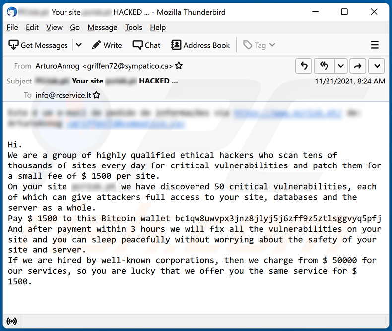 email de spam We Have Hacked Your Website (2021-11-24)