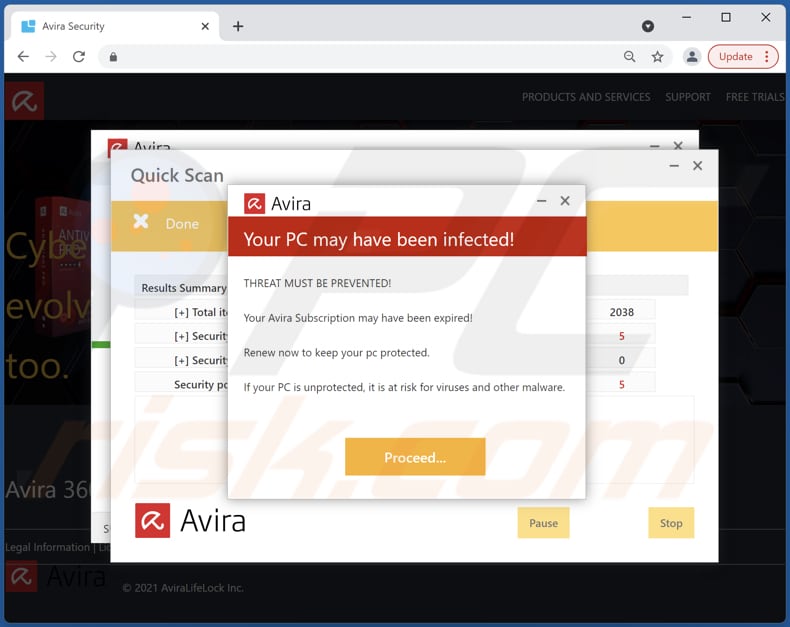 fraude Avira - Your Pc May Have Been Infected scam