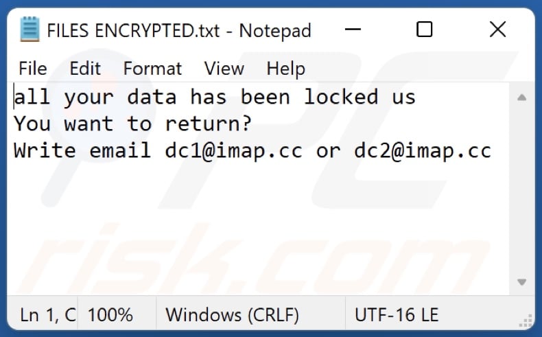 ficheiro de texto do ransomware DC (FILES ENCRYPTED.txt)