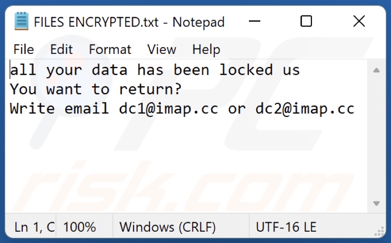 ficheiro de texto do ransomware DC (FILES ENCRYPTED.txt)
