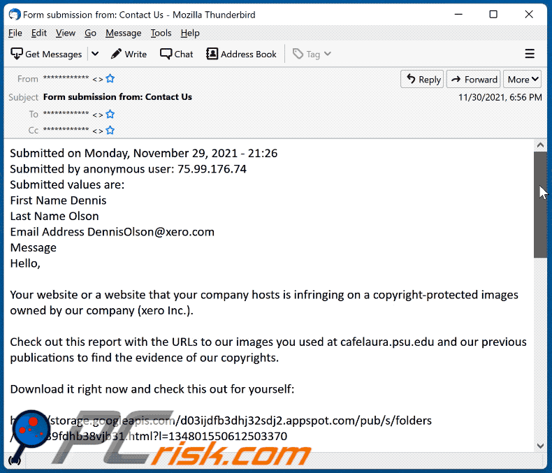 aparência do email do vírus dmca copyright infringement notification gif