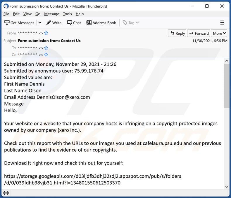 campanha de difusão de spam de email com vírus de malware DMCA Copyright Infringement Notification 