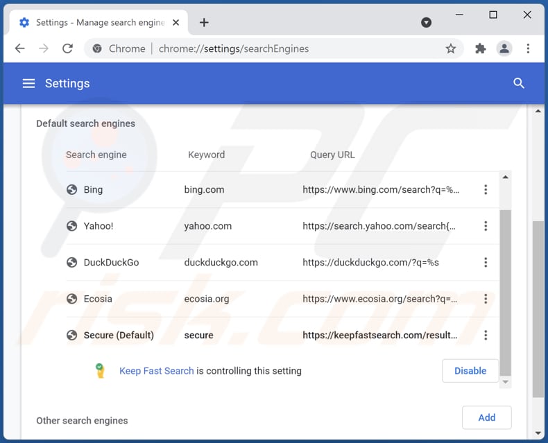 Remover keepfastsearch.com do motor de pesquisa padrão do Google Chrome
