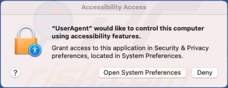 macOS.Macma backdoor malware pedindo permissão para utilizar características de acessibilidade