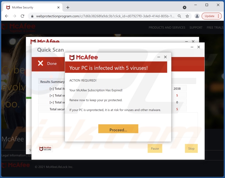 fraude McAfee - Your PC is infected with 5 viruses!