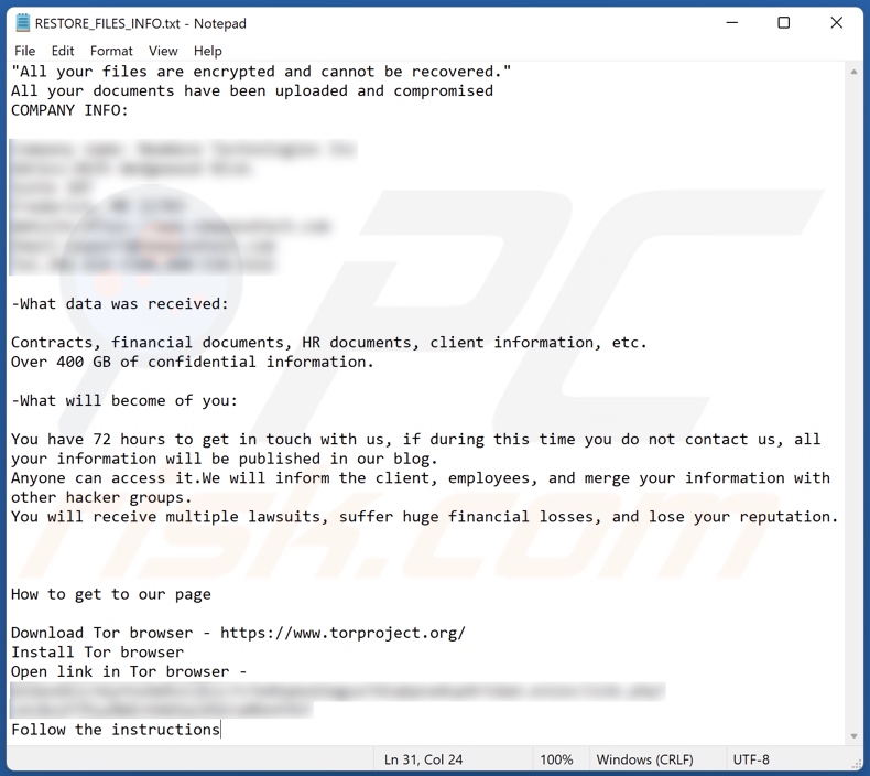 ficheiro de texto do ransomware Midas (RESTORE_FILES_INFO.txt)
