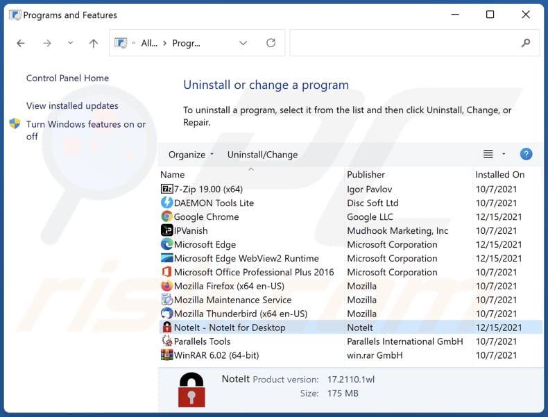 desinstalar o adware NoteIt via Painel de Controlo