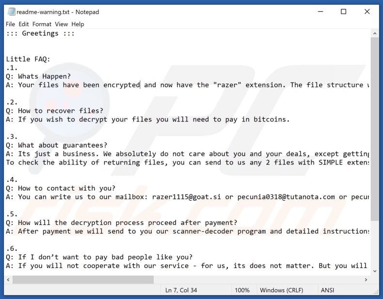 ficheiro de texto do ransomware Razer (readme-warning.txt)