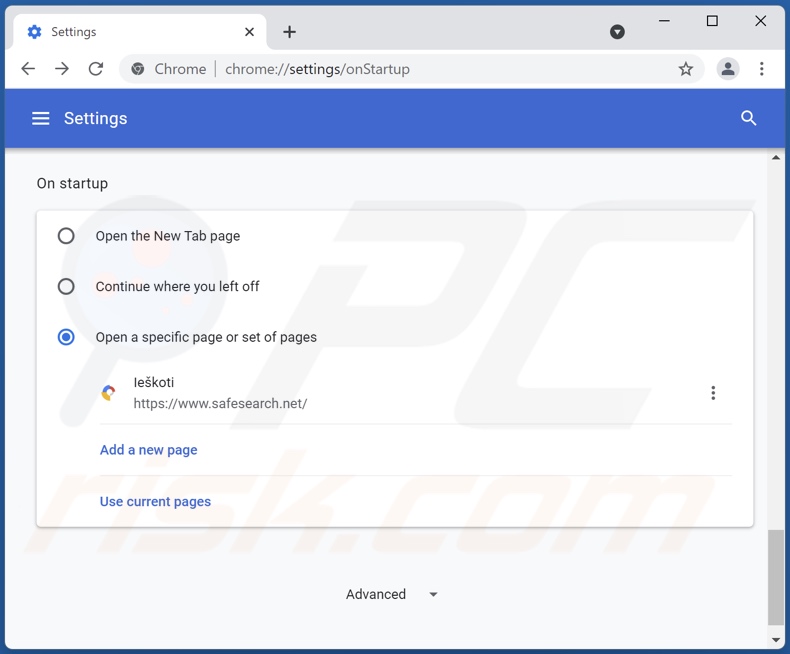 Remoção de safesearch.net da página inicial do Google Chrome