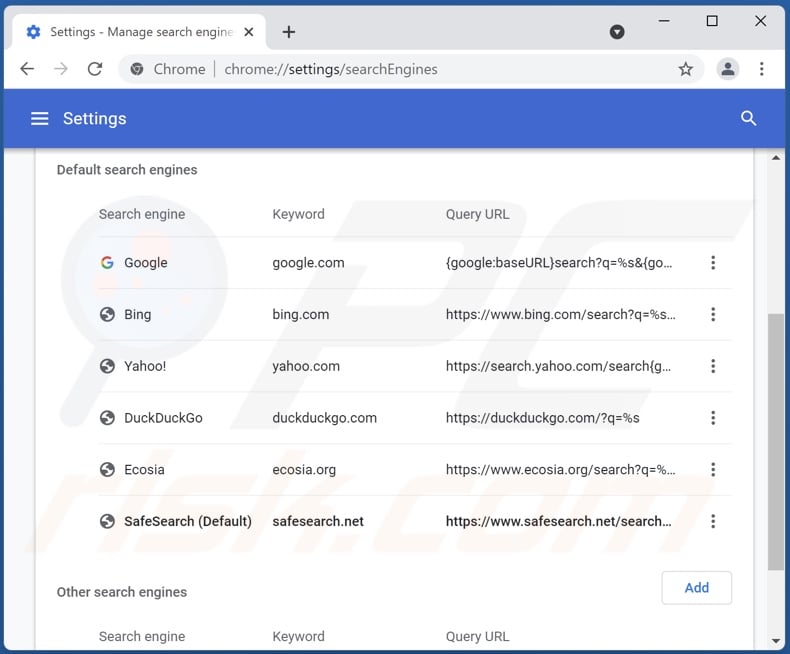 Remoção de safesearch.net do motor de pesquisa padrão do Google Chrome