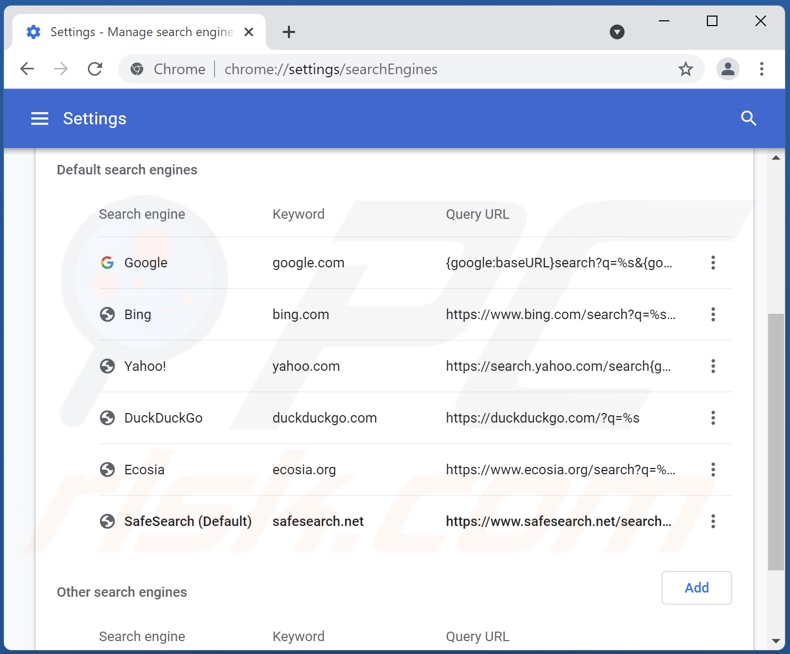 Remoção de safesearch.net do motor de pesquisa padrão do Google Chrome