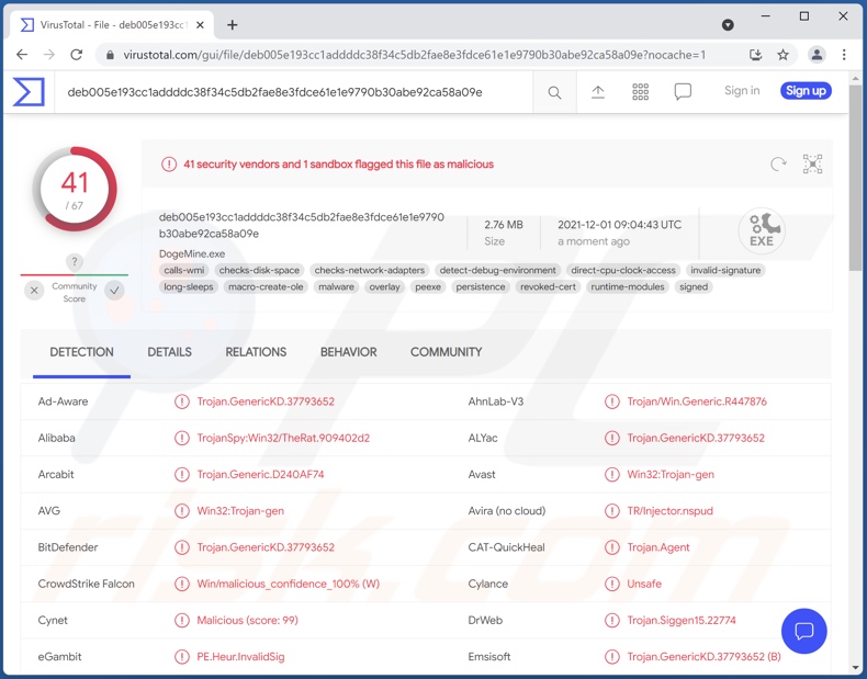 detecções malware SpyAgent no VirusTotal