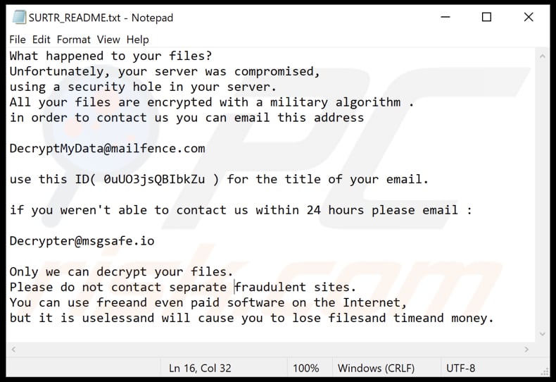 ficheiro de texto de nota de resgate do ransomware surtr 