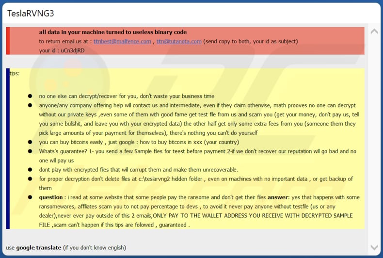 ficheiro de texto do ransomware TeslaRVNG3 (teslarvng3.hta)