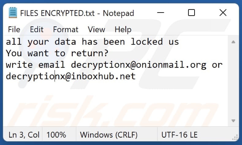 ficheiro do ransomware Xqxqx FILES ENCRYPTED.txt