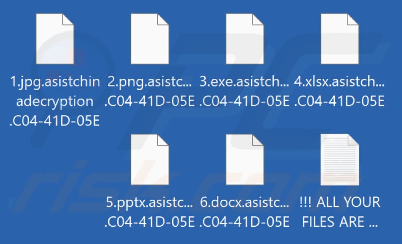 Ficheiros encriptados pelo ransomware Asistchinadecryption (.asistchinadecryption and ID of a victim as the extension)